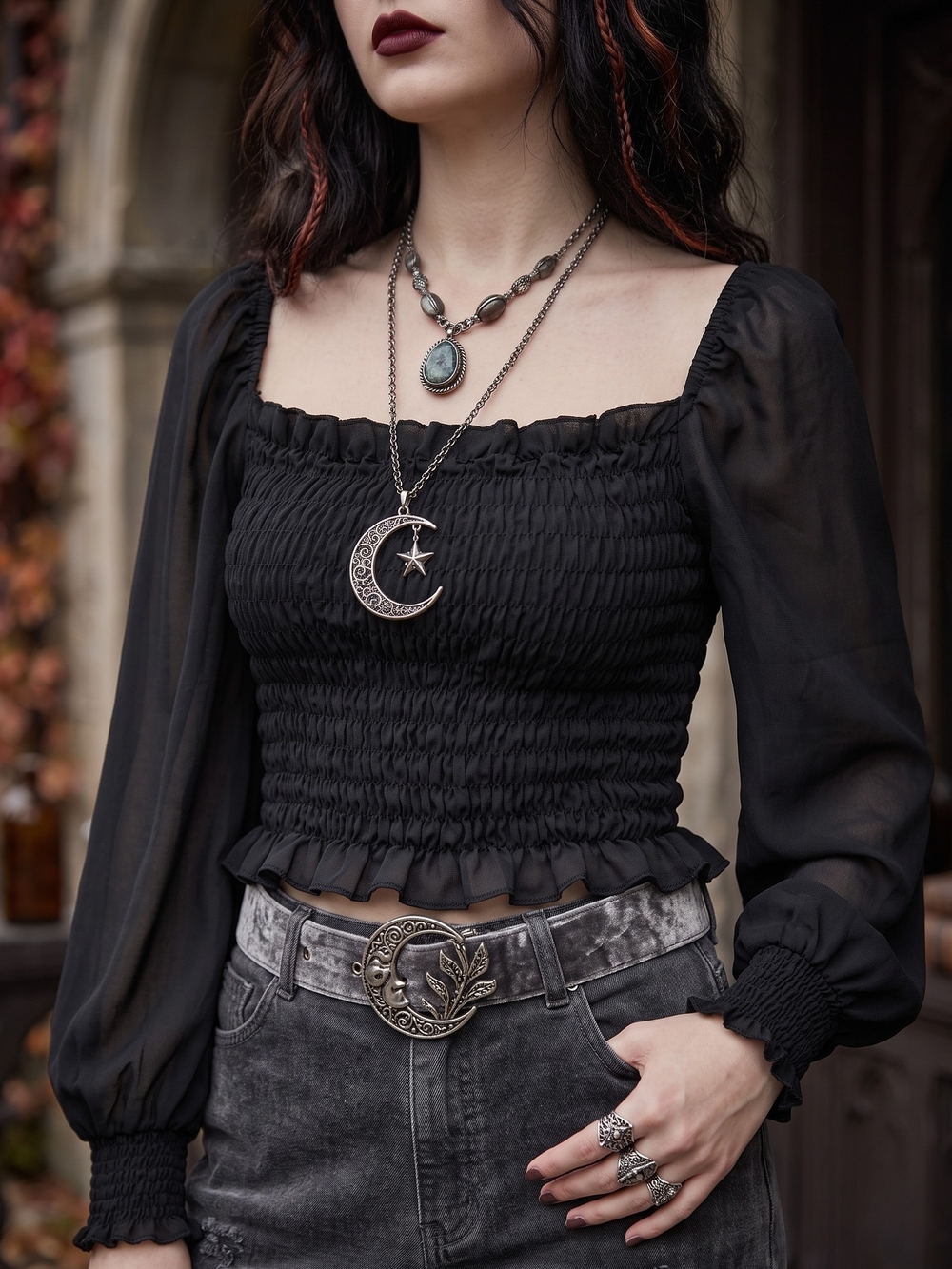 Whimsigoth Black Smocked Crop Top Sheer Puff Sleeve Dark Romance Peasant Blouse